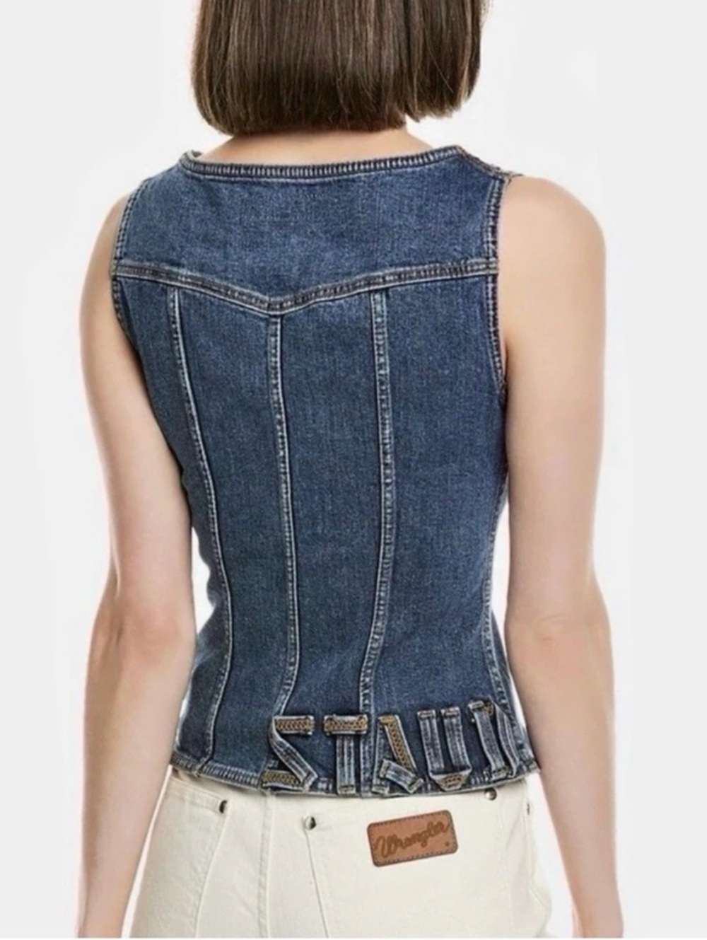 Wrangler + STAUD Women's Pleated Denim Corset Top in Blue - Picture 5 of 8